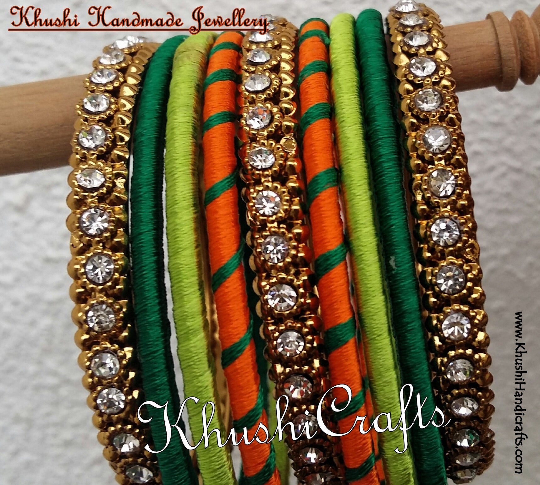 Handmade Stylish Silk Bangles in Orange and shades of Green - Khushi Handmade Jewellery