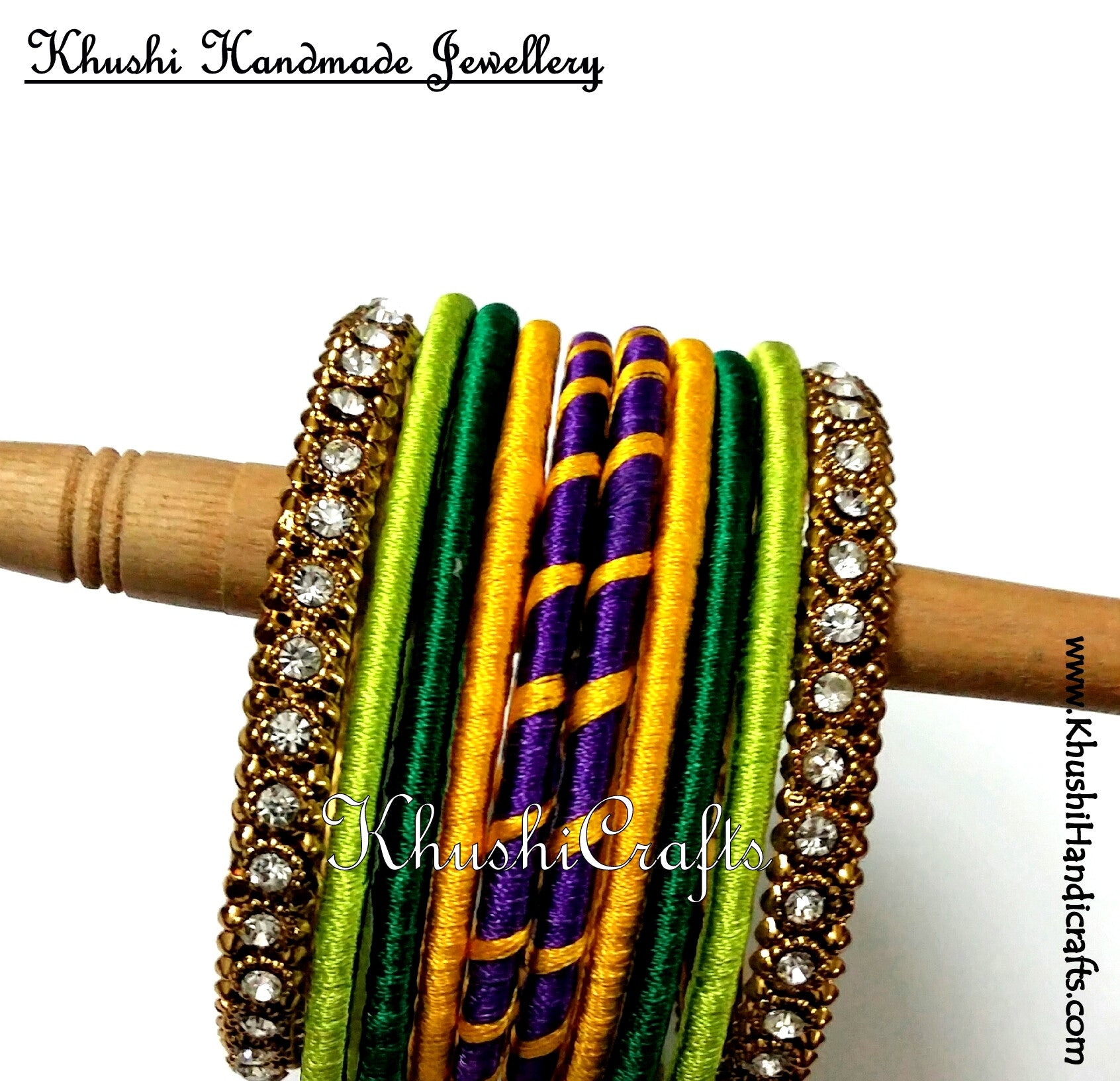 Trendy Silk Bangles in Purple Yellow and Green - Khushi Handmade Jewellery