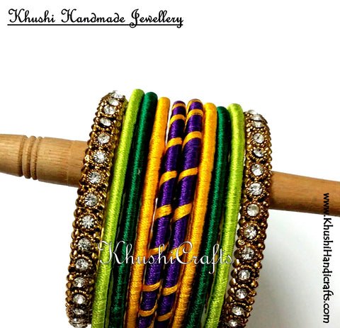 Trendy Silk Bangles in Purple Yellow and Green
