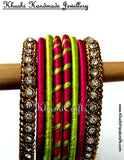 Trendy Hand-crafted Silk Bangles in Pink and Green - Khushi Handmade Jewellery