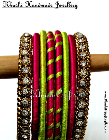 Trendy Hand-crafted Silk Bangles in Pink and Green