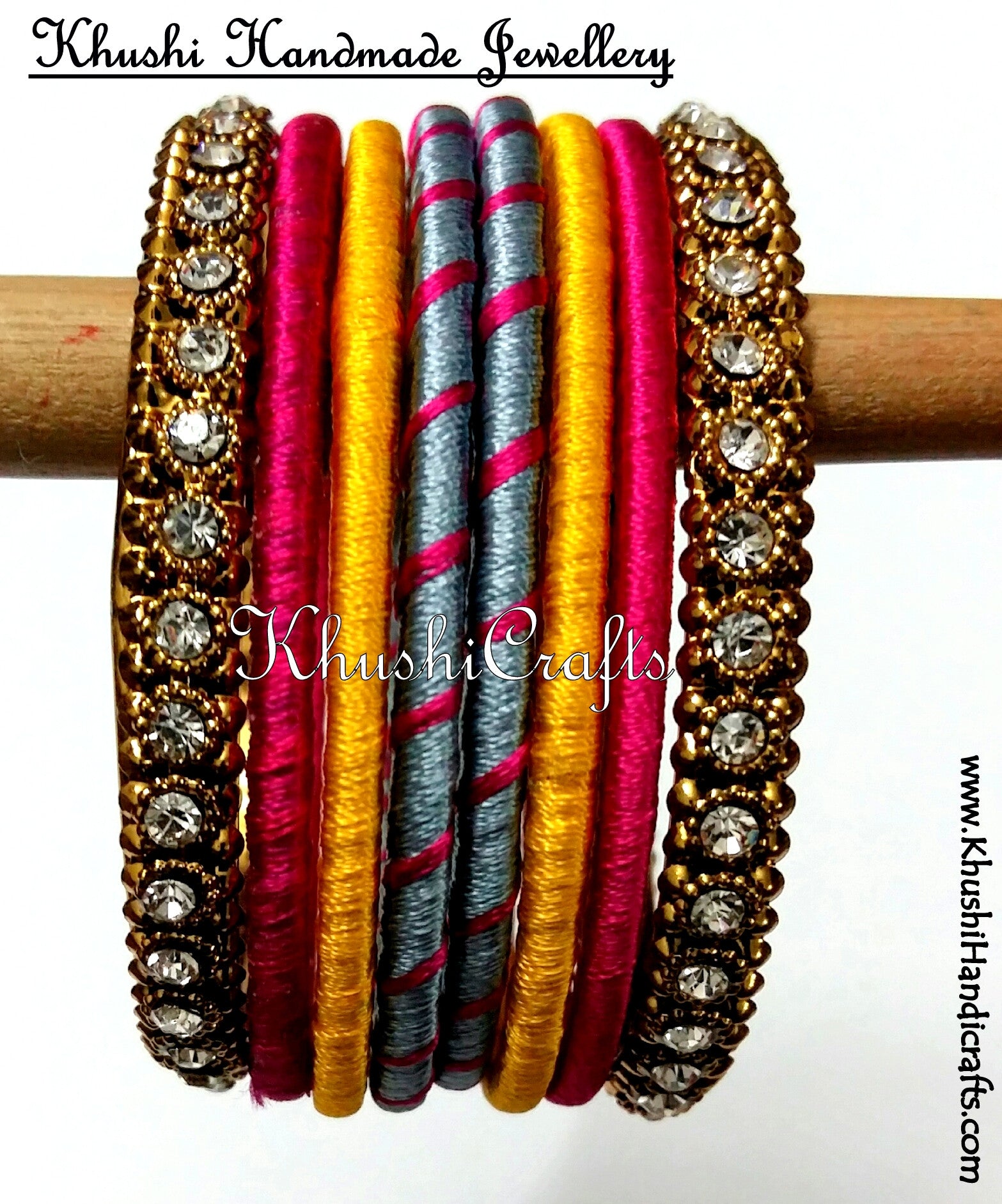 Trendy Hand-crafted Silk Bangles in Grey Yellow and Pink - Khushi Handmade Jewellery