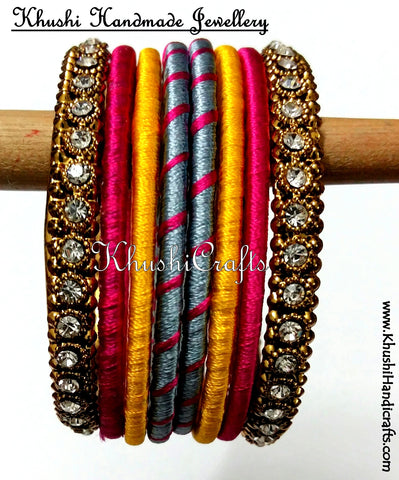 Trendy Hand-crafted Silk Bangles in Grey Yellow and Pink