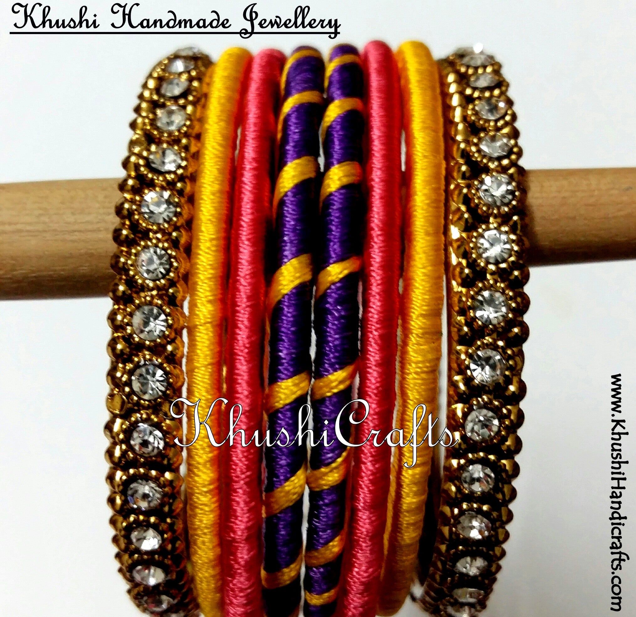 Hand-crafted Silk Thread Bangles in Purple Peach and Yellow
