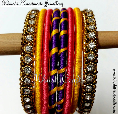 Hand-crafted Silk Bangles in Purple Peach and Yellow