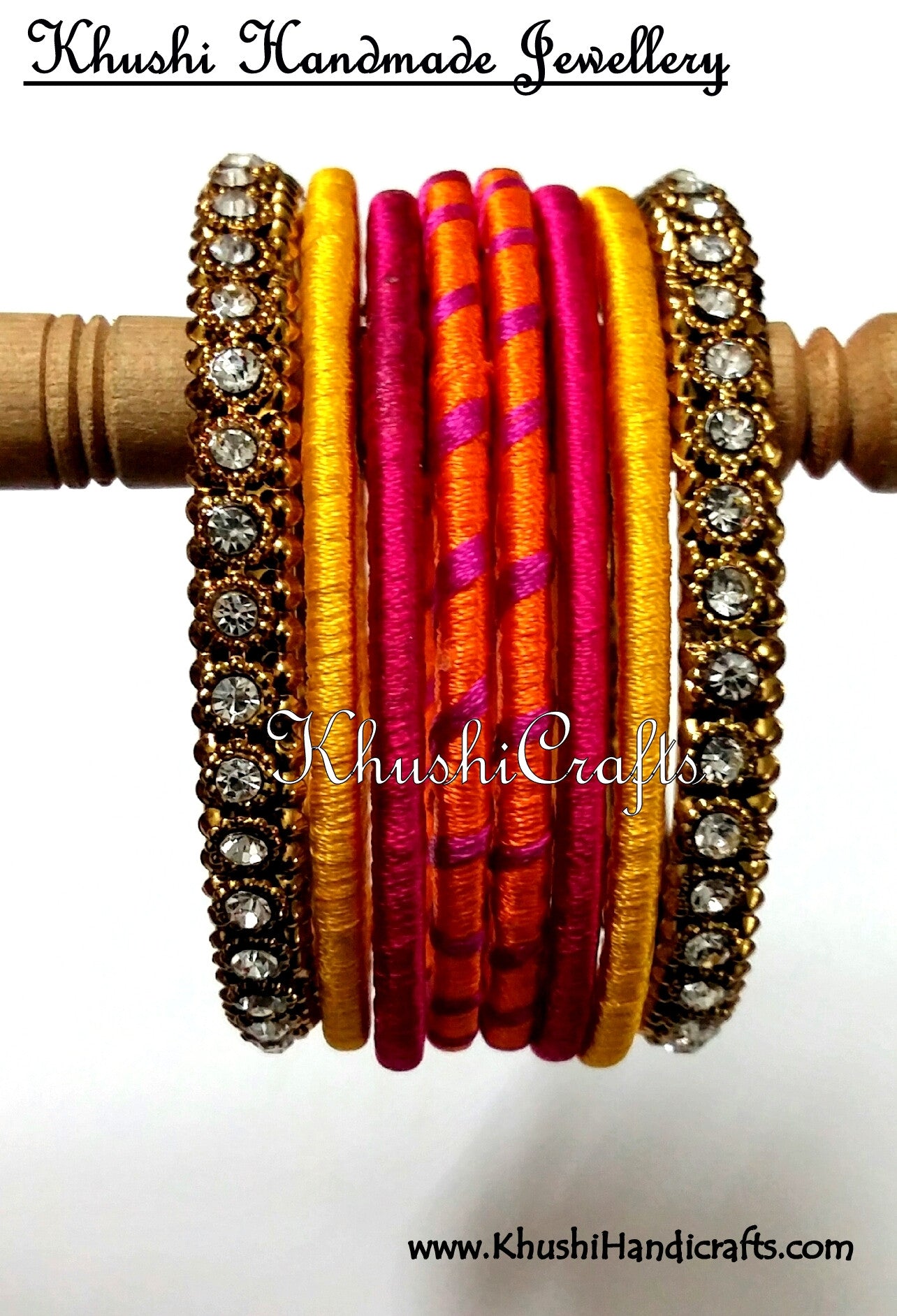 Hand-crafted Silk Thread Bangles in Orange Pink and Yellow - Khushi Handmade Jewellery