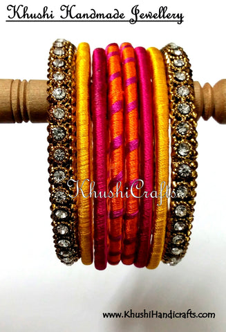 Hand-crafted Silk Thread Bangles in Orange Pink and Yellow