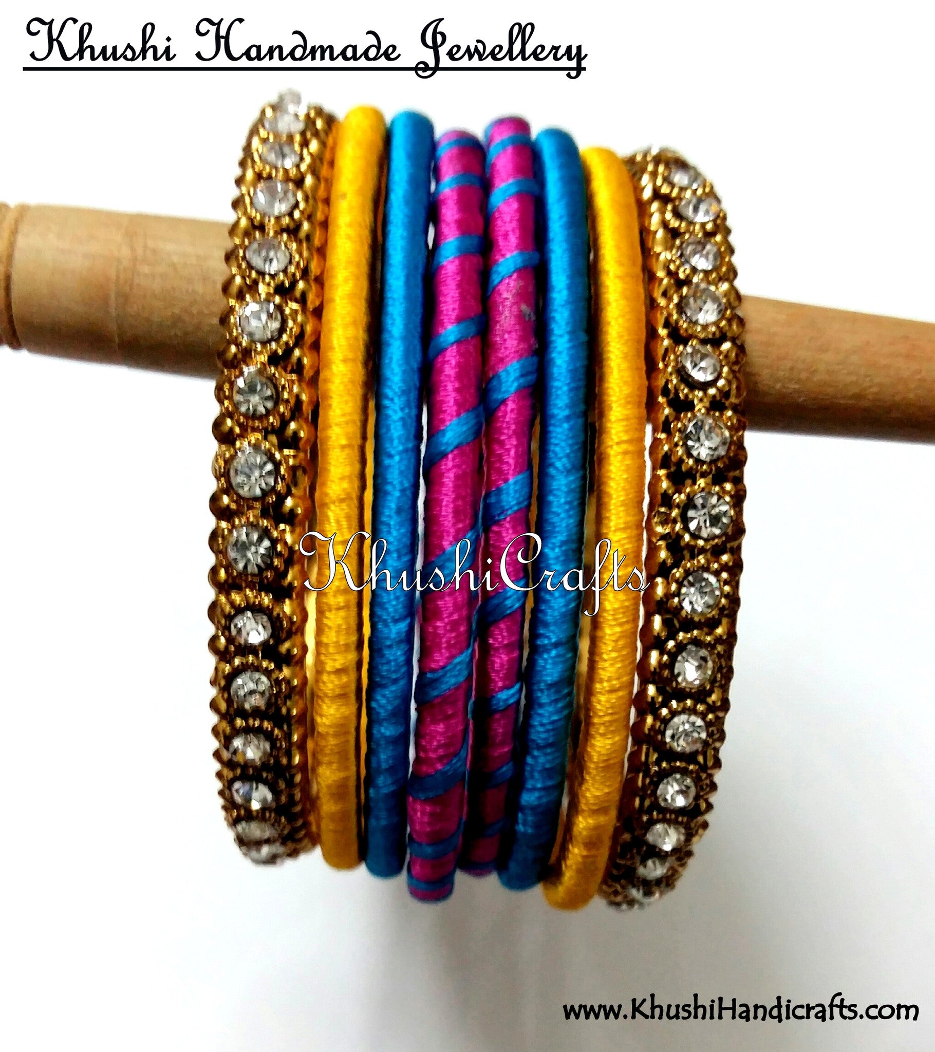 Hand-crafted exquisite Silk Bangles in Pink Blue and Yellow - Khushi Handmade Jewellery