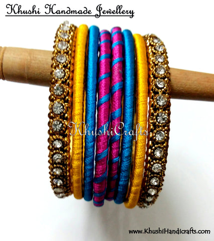 Hand-crafted exquisite Silk Bangles in Pink Blue and Yellow