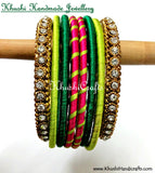 Hand-crafted exquisite Silk Bangles in Pink and Green - Khushi Handmade Jewellery