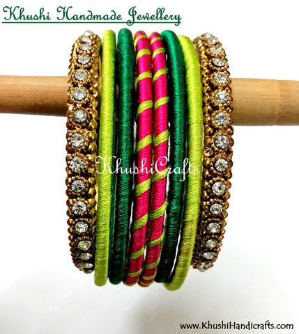 Hand-crafted exquisite Silk Bangles in Pink and Green