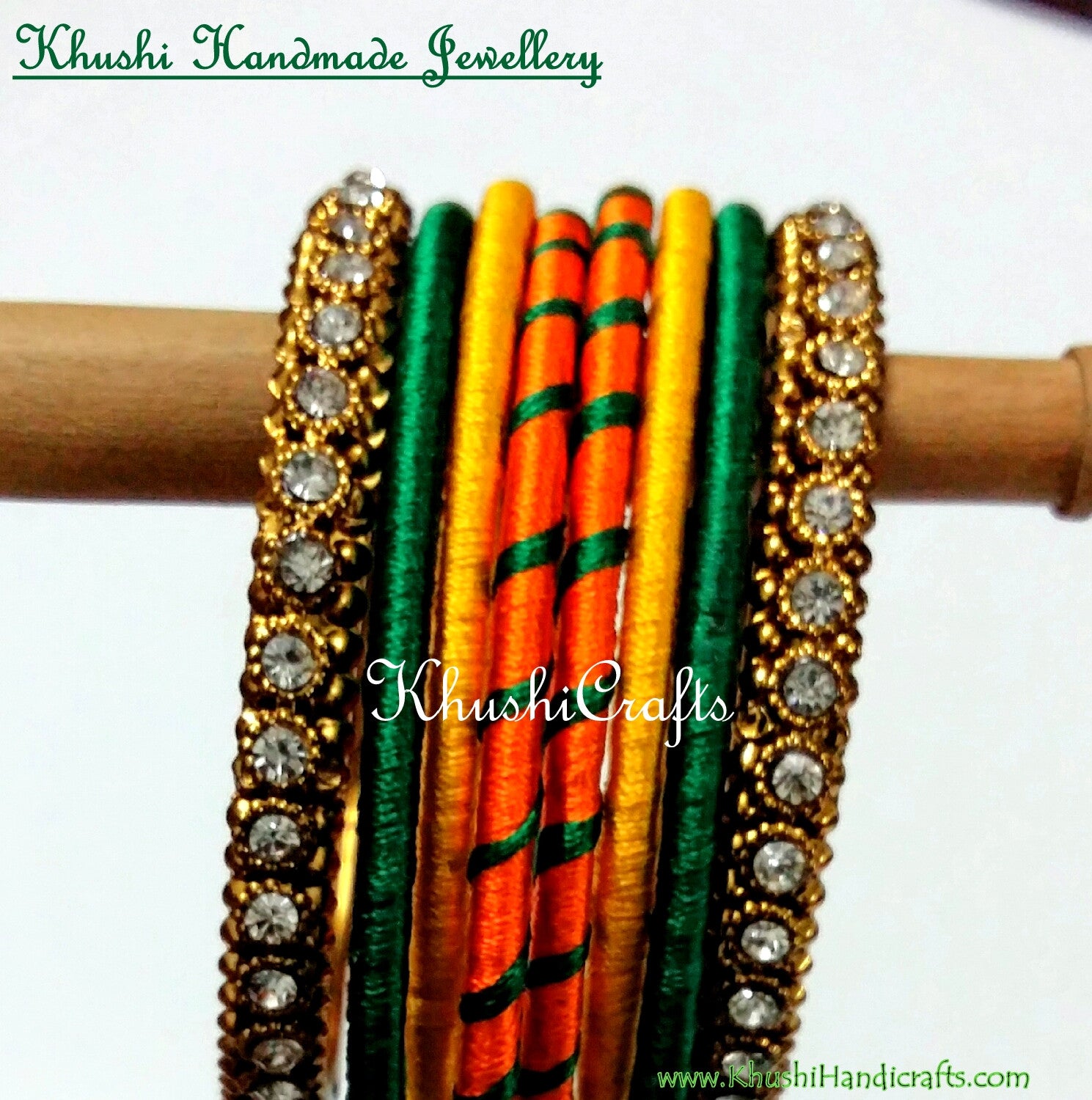 Hand-crafted Silk Bangles in Orange Yellow and Green - Khushi Handmade Jewellery
