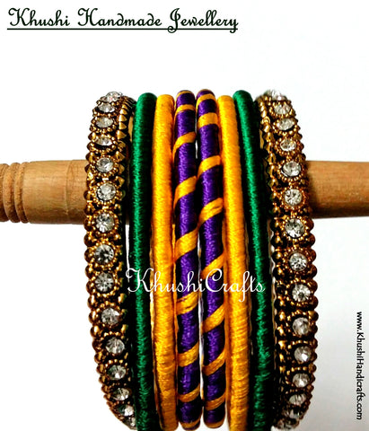 Hand-crafted Silk Bangles in Purple Yellow and Green