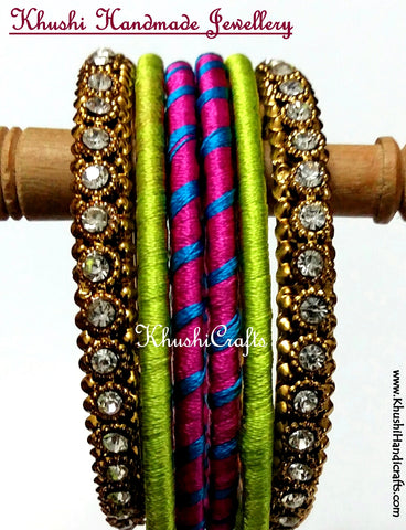 Stunning Silk Bangles in Green and Pink