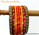 Hand-crafted Stylish Silk Bangles in Orange Yellow and Pink - Khushi Handmade Jewellery