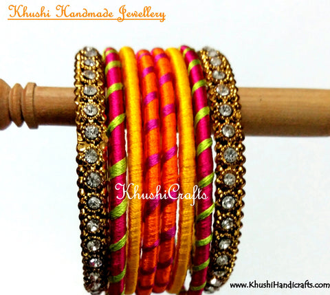 Hand-crafted Stylish Silk Bangles in Orange Yellow and Pink