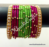 Hand-crafted exquisite Silk Bangles in Green and Magenta - Khushi Handmade Jewellery