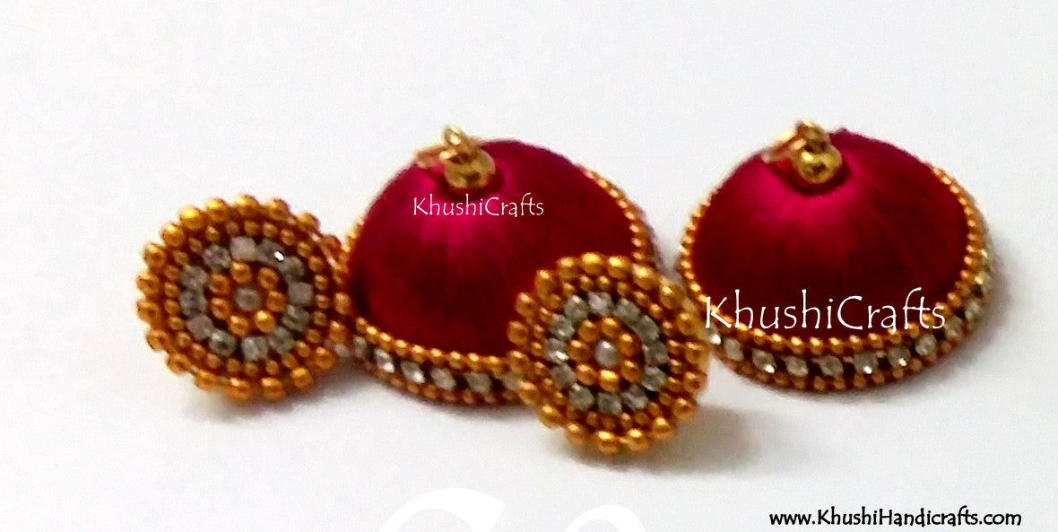 Magenta Designer Silk Jhumkas - Khushi Handmade Jewellery