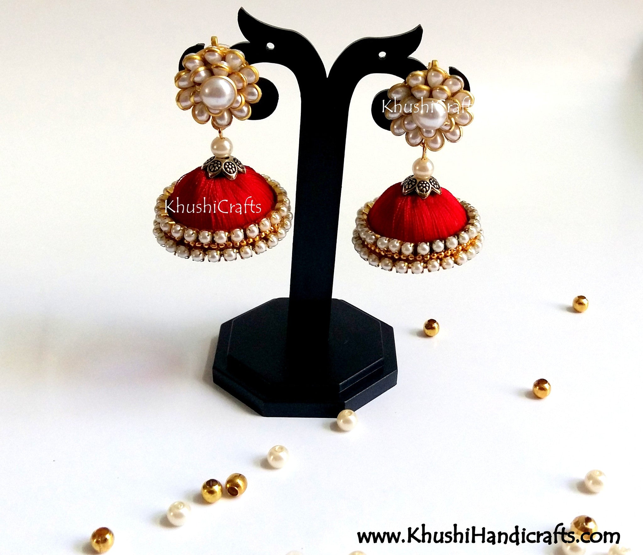 Red Silk Jhumka With Pachi Stud - Khushi Handmade Jewellery