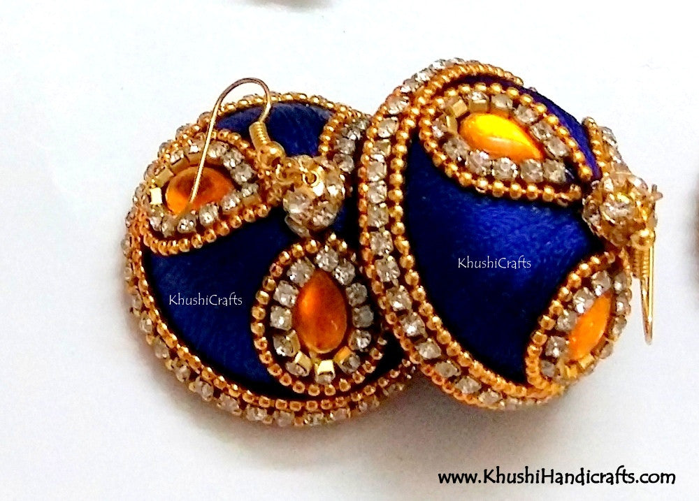 Royal Blue Designer Extra large Silk Jhumkas - Khushi Handmade Jewellery
