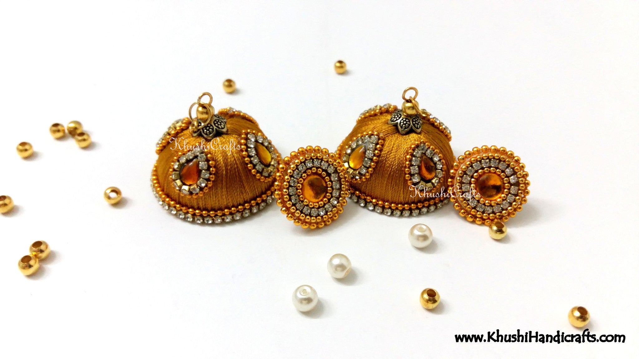 Gold Designer Extra large Silk Jhumkas With Stud - Khushi Handmade Jewellery