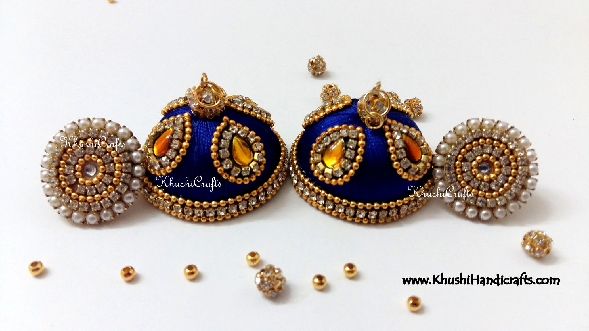 Royal blue Designer Extra large Silk Jhumkas With Stud - Khushi Handmade Jewellery