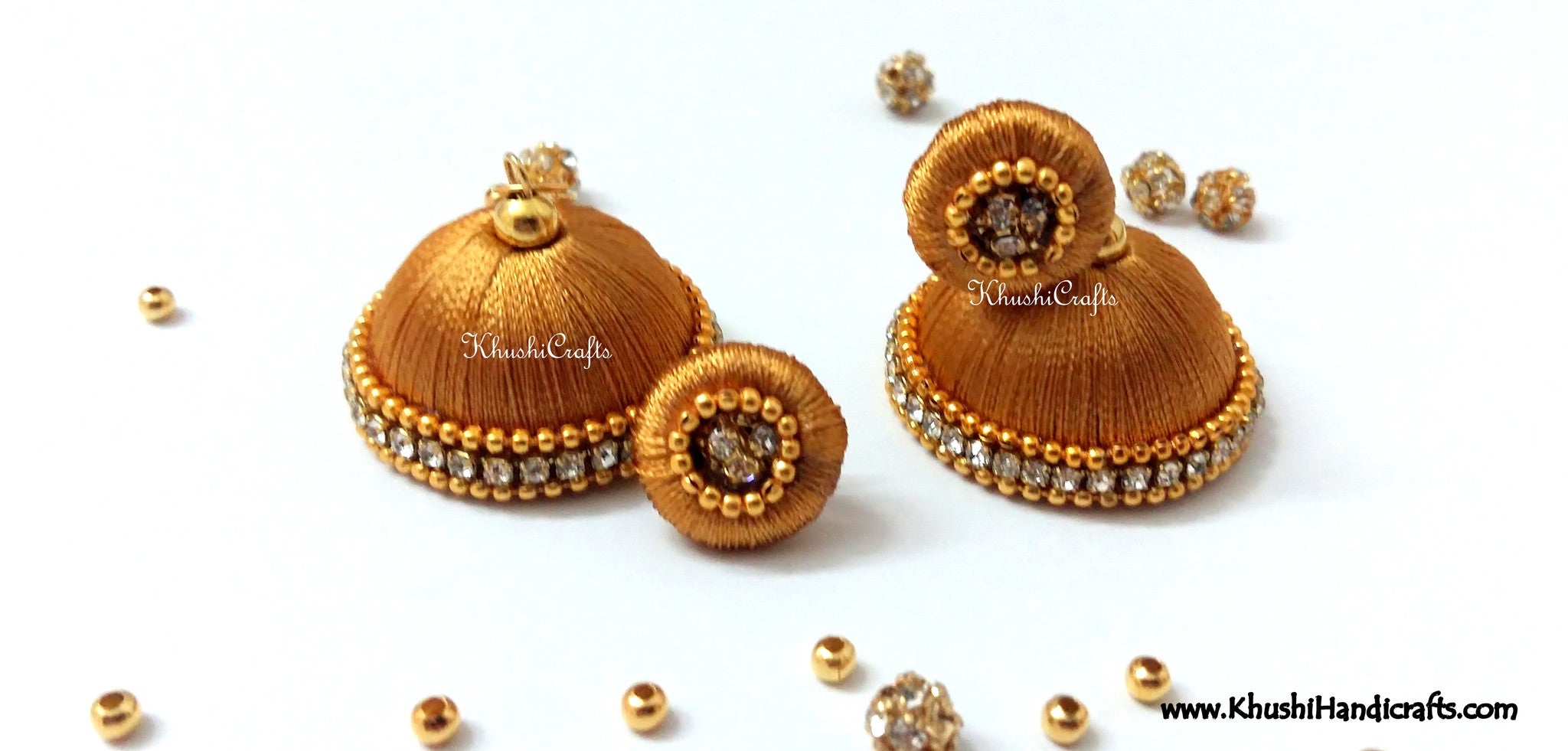 Gold shaded Designer Silk Jhumkas - Khushi Handmade Jewellery
