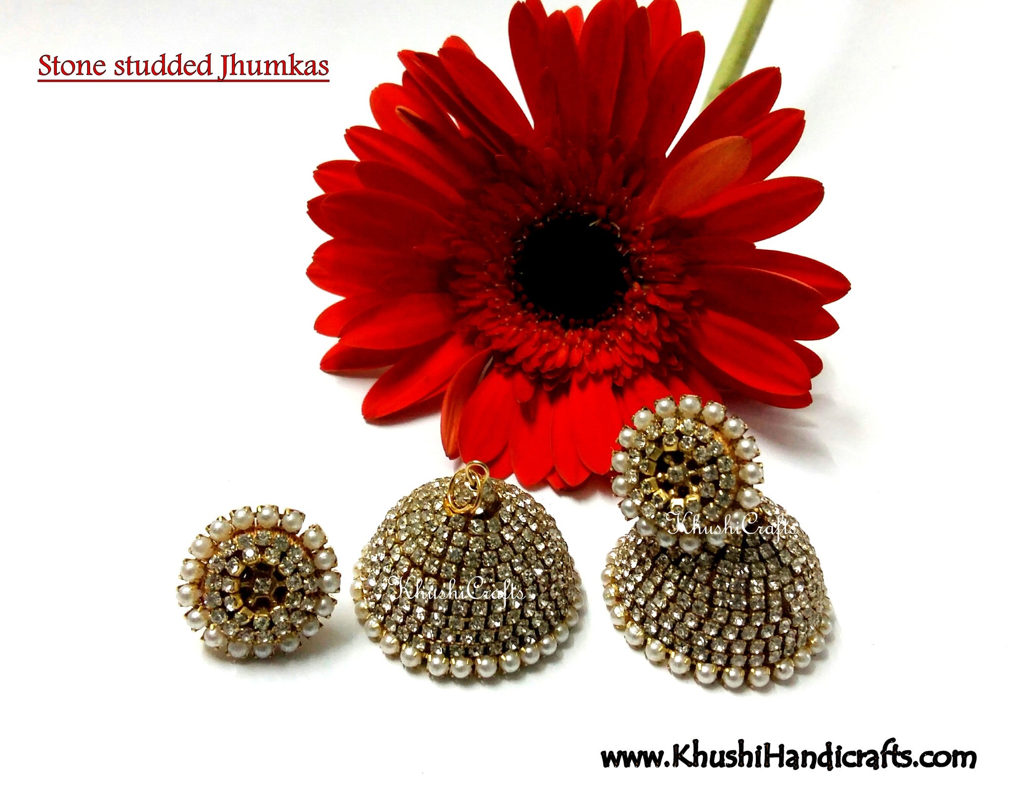 White/Pink/Black Stone studded Silk Jhumka - Khushi Handmade Jewellery