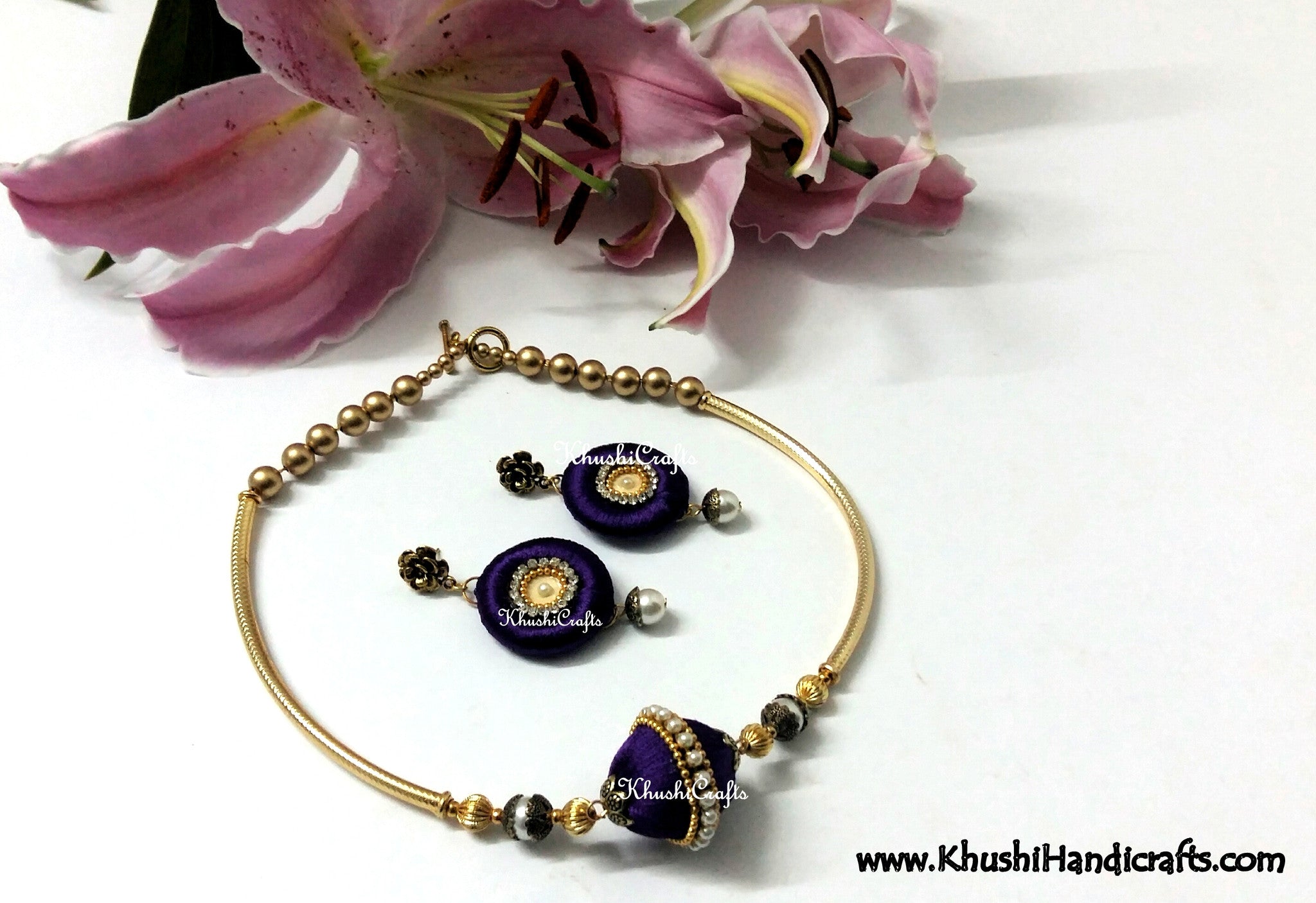 Purple Silk Choker Neck set - Khushi Handmade Jewellery
