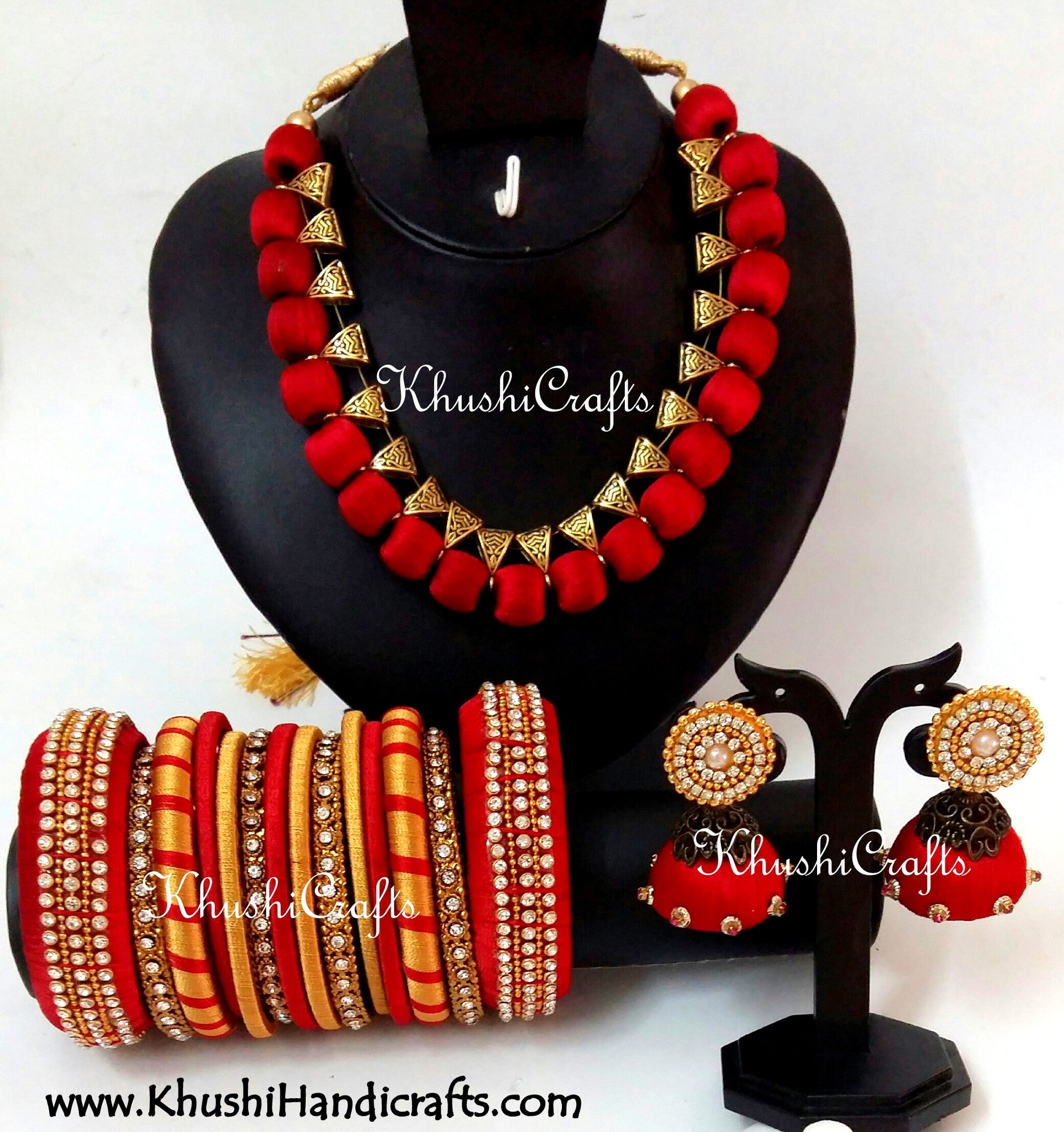 Silk Thread Bridal Collection Necklace set with Bangles in Red - Khushi Handmade Jewellery