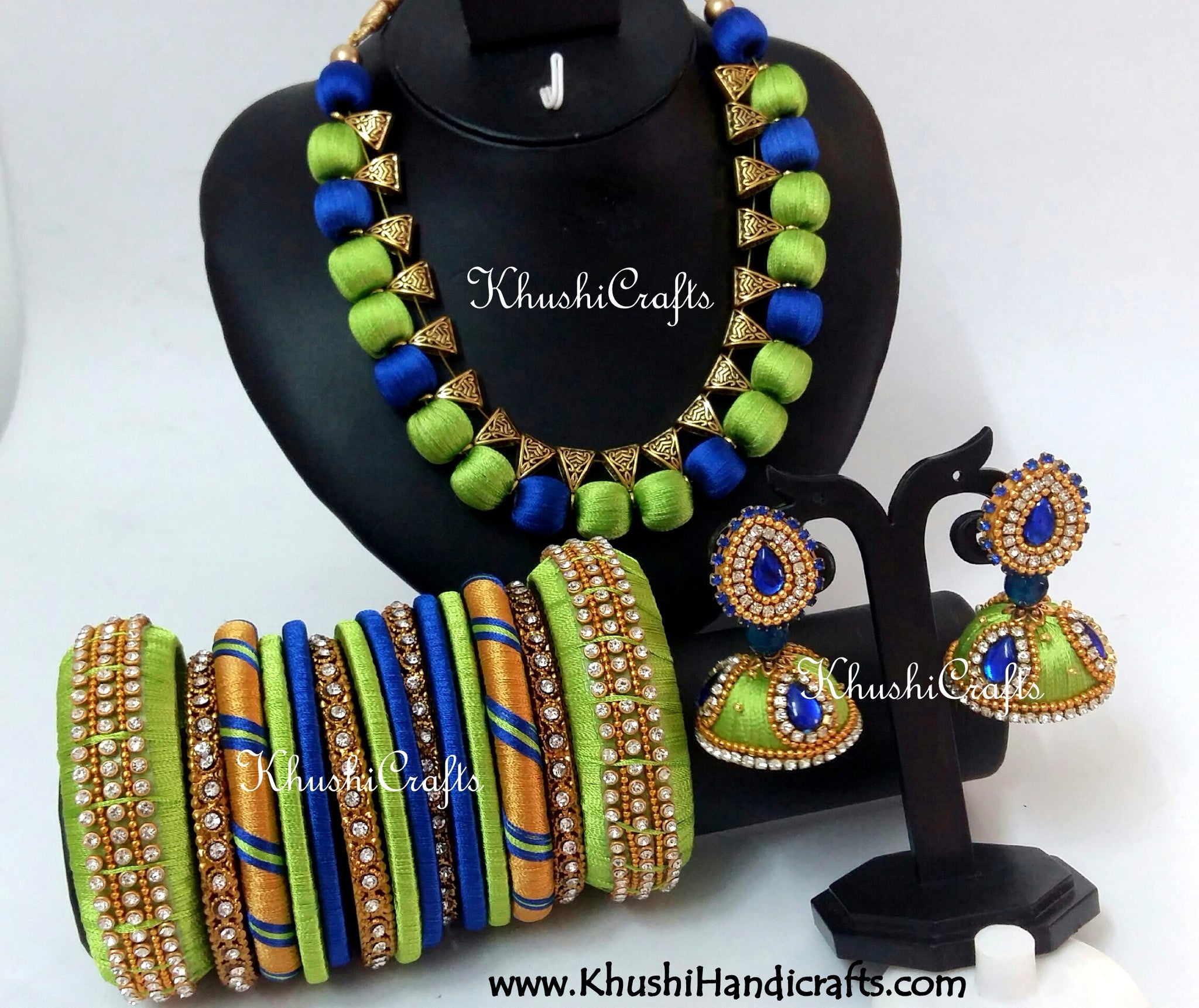 Silk Thread Bridal Collection Necklace set with Bangles in Blue and Green - Khushi Handmade Jewellery