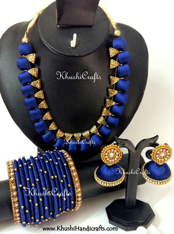 Silk Thread Bridal Collection Necklace set with Bangles in Blue