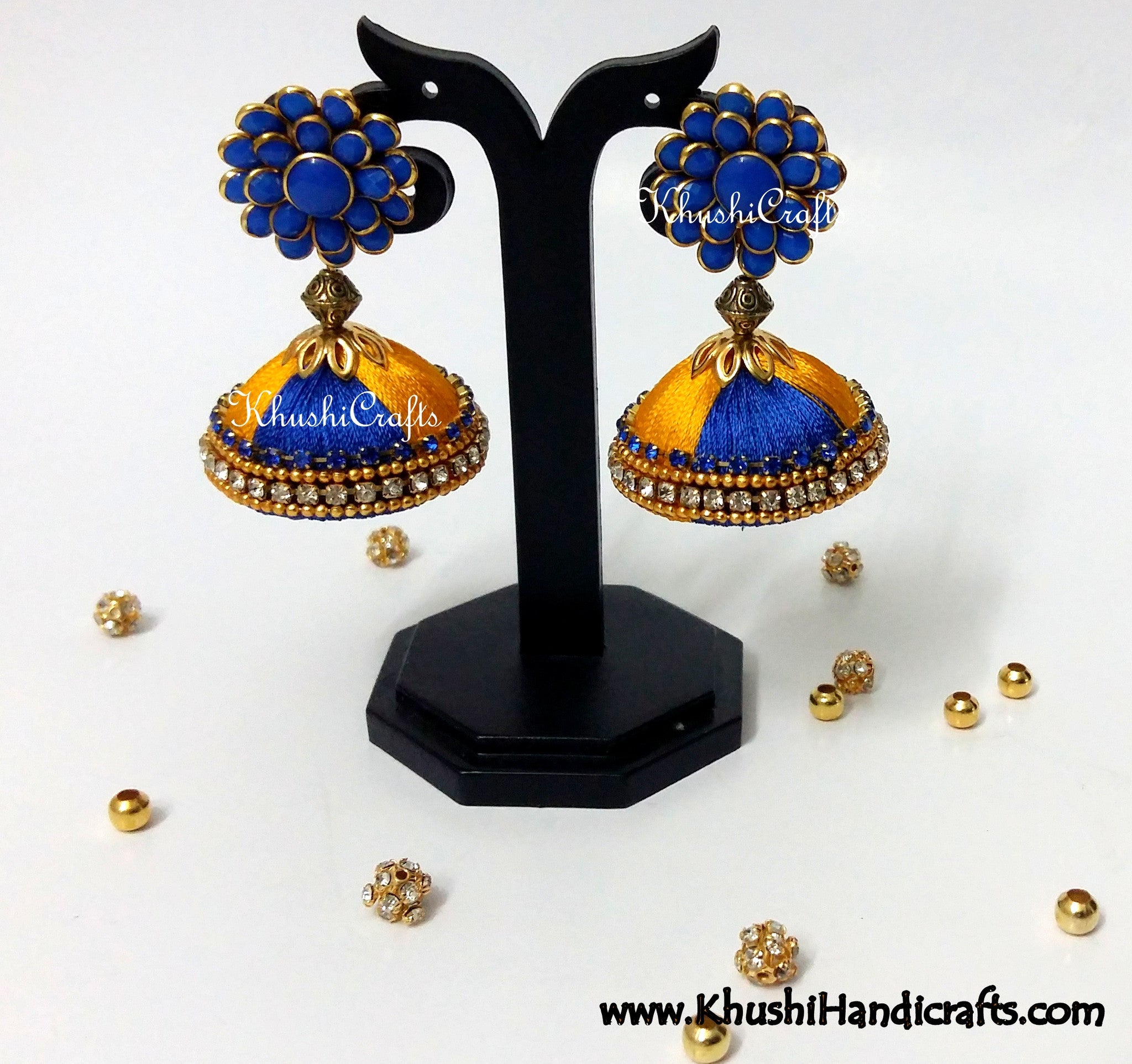Blue Yellow Silk Jhumka With Pachi Stud - Main Image