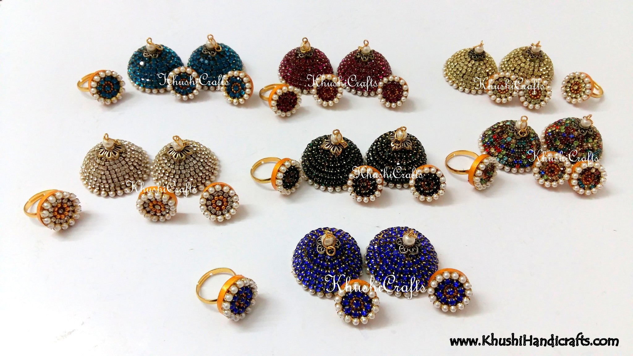 Stone studded Silk Jhumkas with Finger ring - Khushi Handmade Jewellery