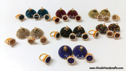 Stone studded Silk Jhumkas with Finger ring /rings