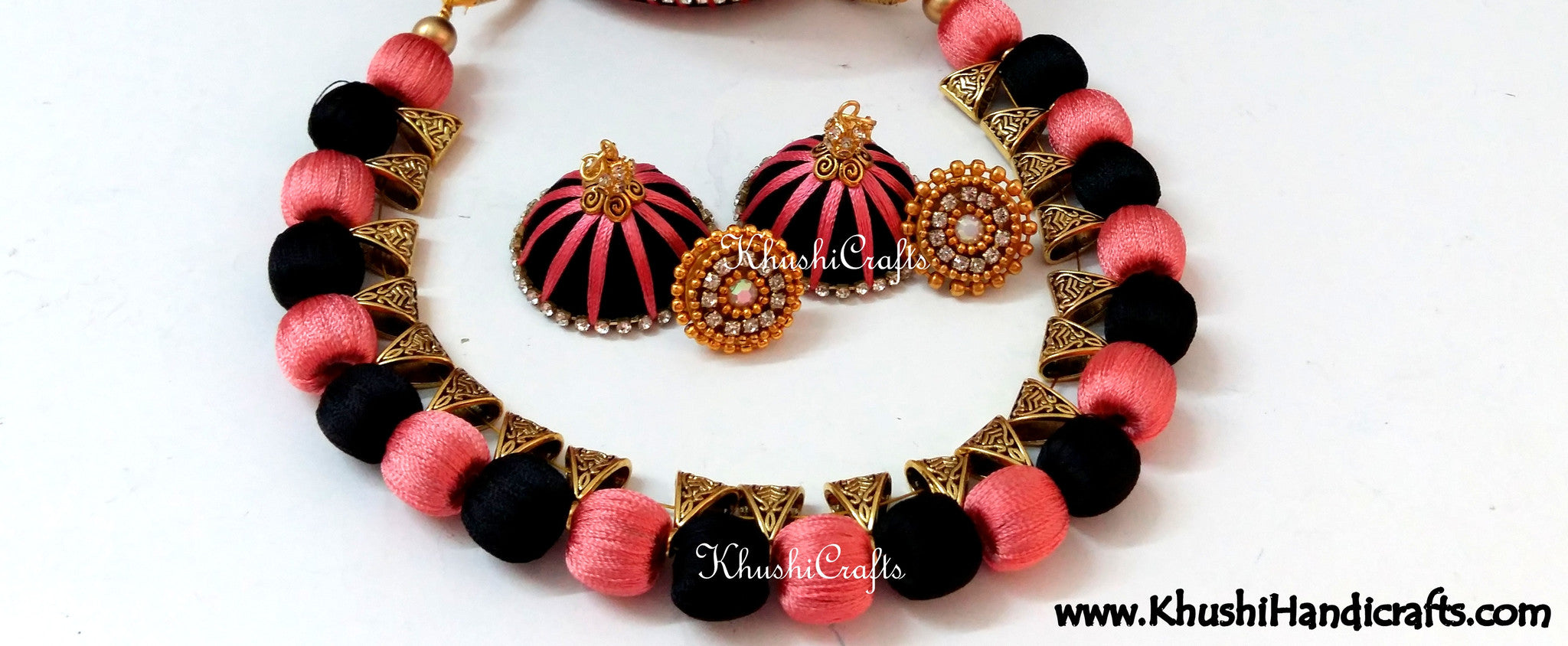 Silk Beads Necklace set in Black and Peach - Khushi Handmade Jewellery