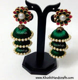 Green Cascaded Jhumkas in Silk with Pachi Stud