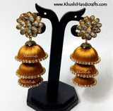 Gold Cascaded Jhumkas in Silk with Pachi Stud