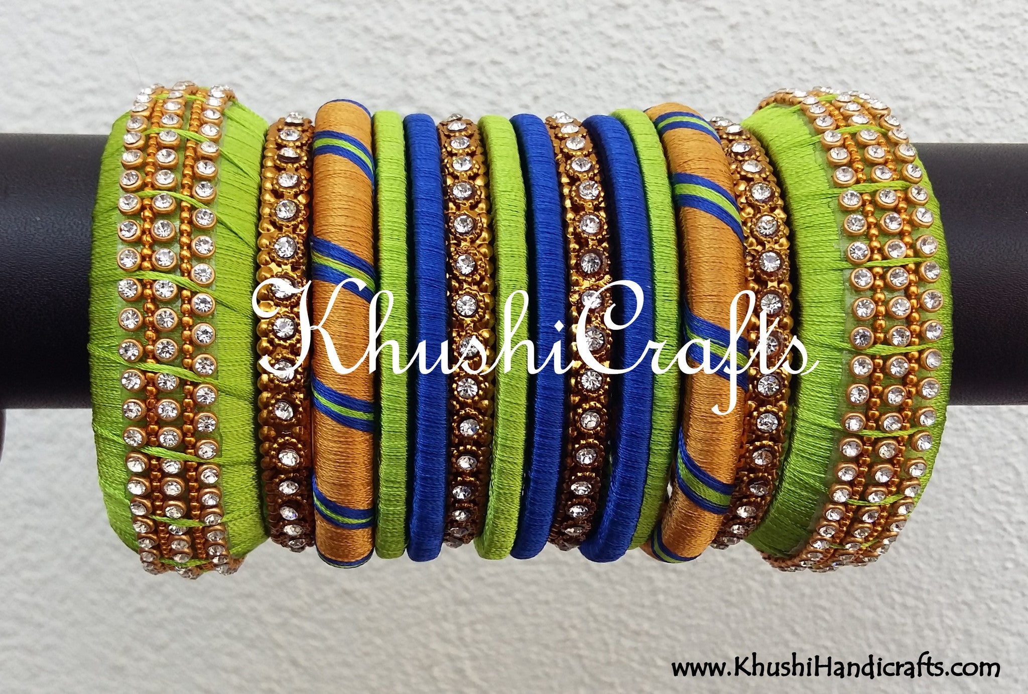 Lime Green and Blue Designer Silk Thread Bangles - Khushi Handmade Jewellery