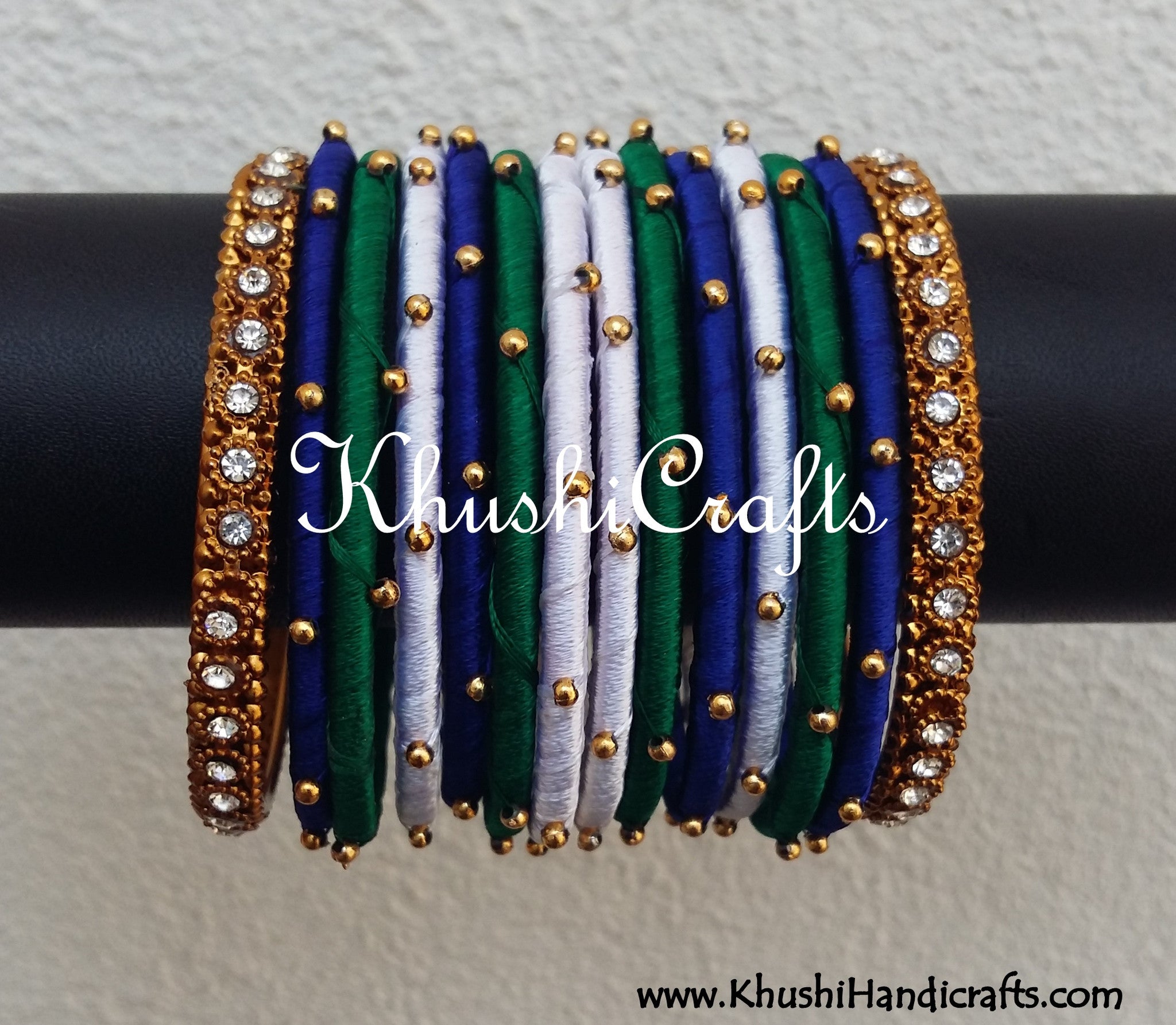 Hand-crafted exquisite Silk Bangles in Green,White and Blue - Khushi Handmade Jewellery