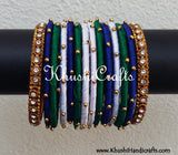 Hand-crafted exquisite Silk Bangles in Green,White and Blue - Khushi Handmade Jewellery