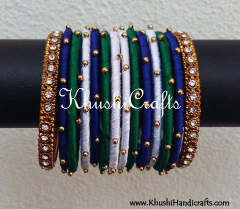 Hand-crafted exquisite Silk Bangles in Green,White and Blue