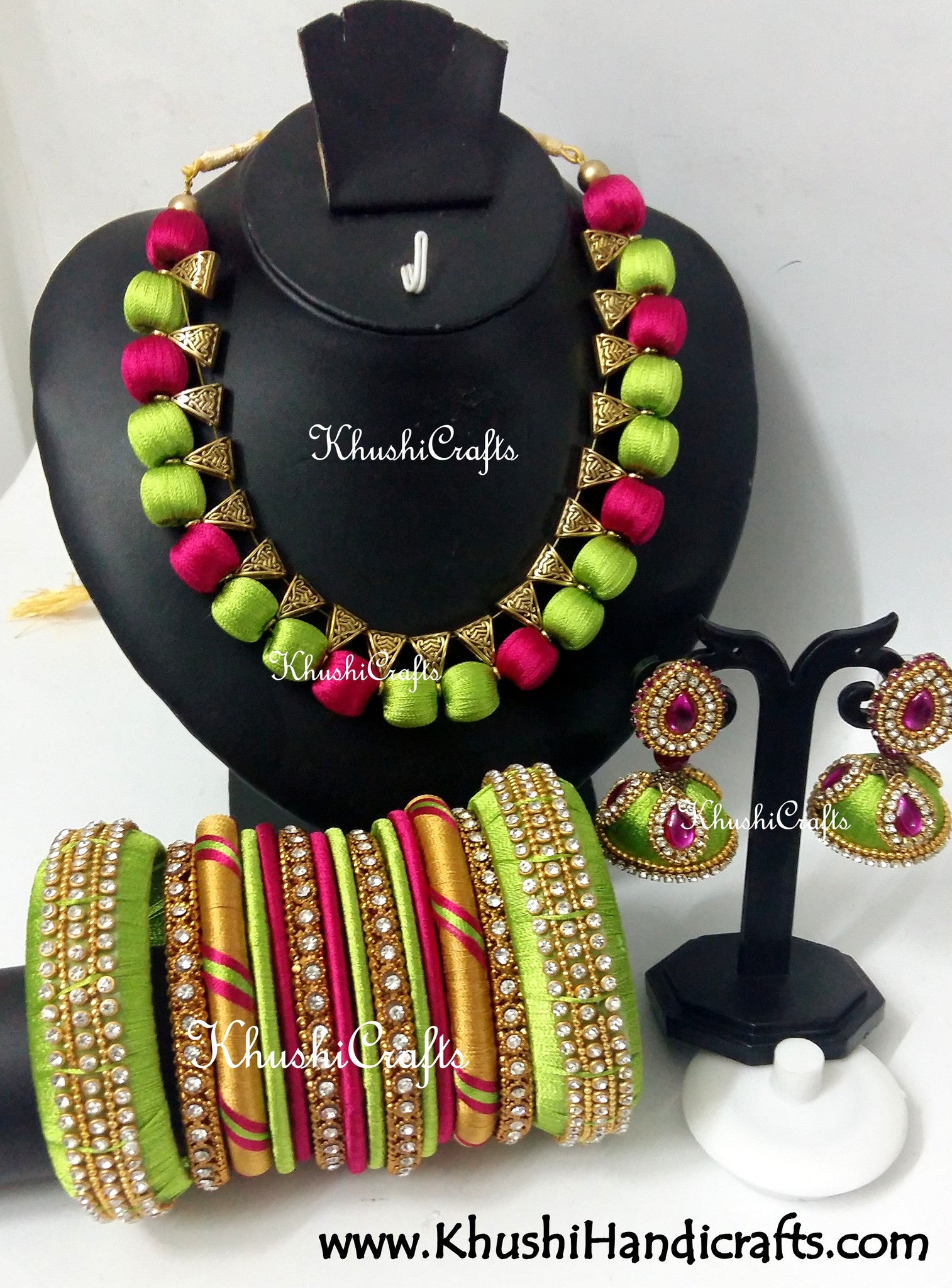 Silk Thread Bridal Collection Necklace set with Bangles in Blue and Pink