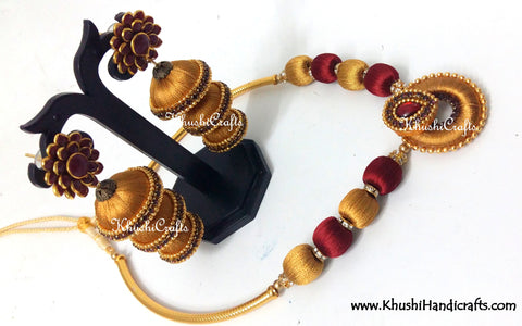 Golden and Maroon Silk Necklace set