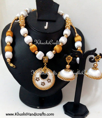White and Gold Silk Thread Bridal Necklace set