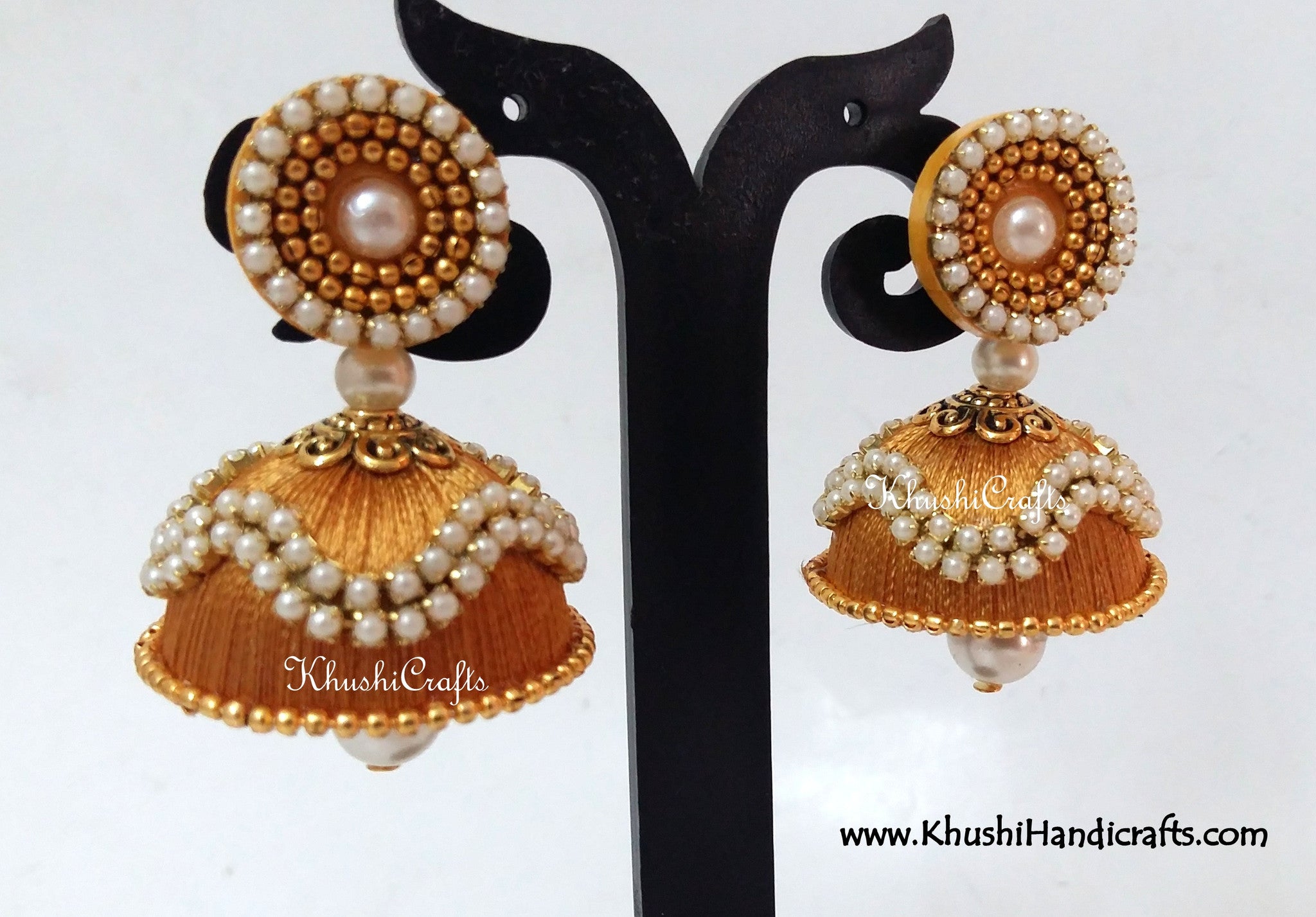 Silk Jhumkas with Pearl work - Khushi Handmade Jewellery