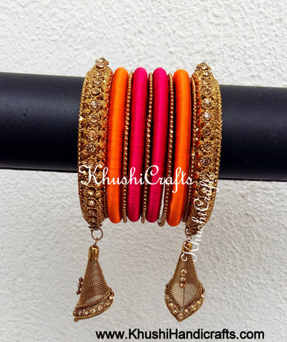 Designer Silk Thread Bangles in Magenta and Orange with Dangler Jhumka