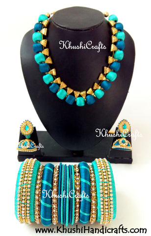 Silk Thread Bridal Collection Necklace set with Bangles in Peacock shades