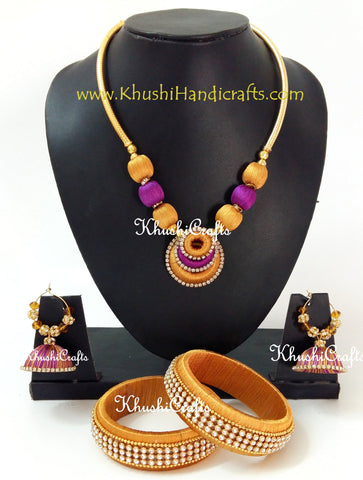 Silk Thread Neck-piece with Bangles in Gold and Purple