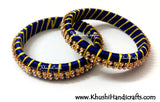 Grand Set of Designer Silk Bangles in Royal blue and Yellow - Khushi Handmade Jewellery